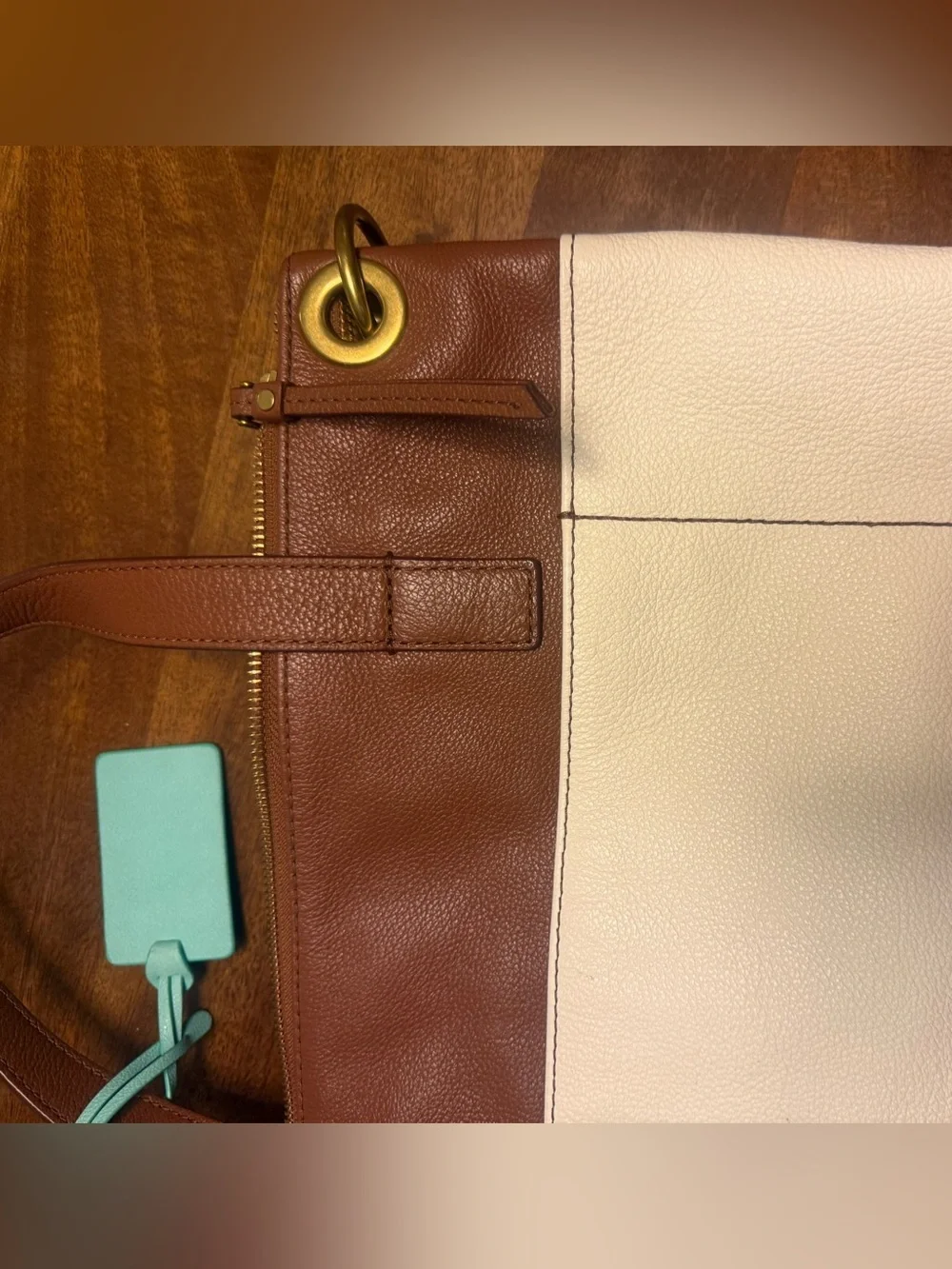 Fossil Colorblock Leather Tote Bag Ivory Cream Brown Pebbled Leather Zip Top